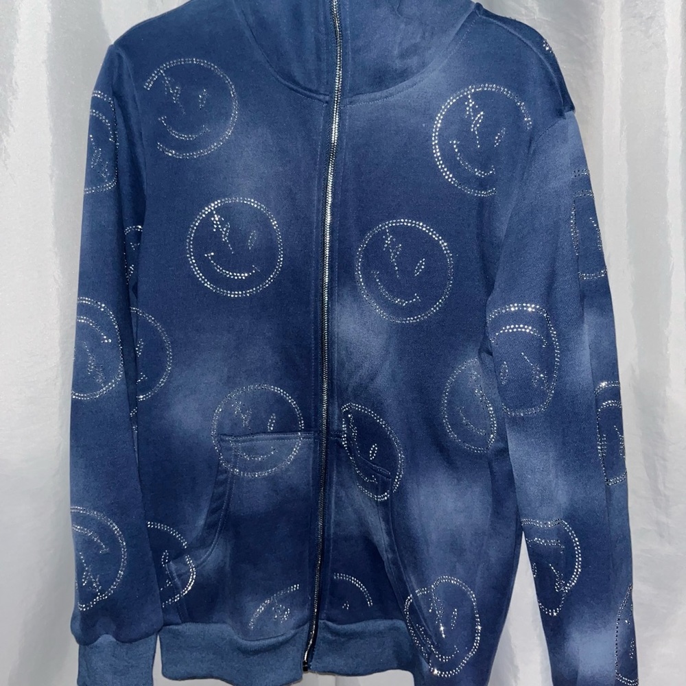 Rhinestone Smiley Full-Zip Hoodie Jacket RetroVert